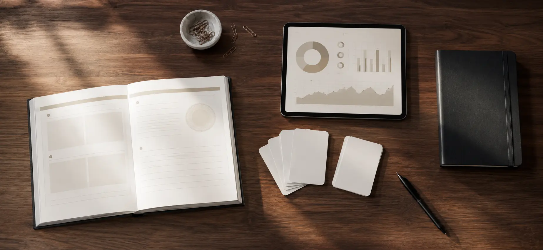 Sales practice workbooks, scenario cards, and a tablet arranged on a desk
