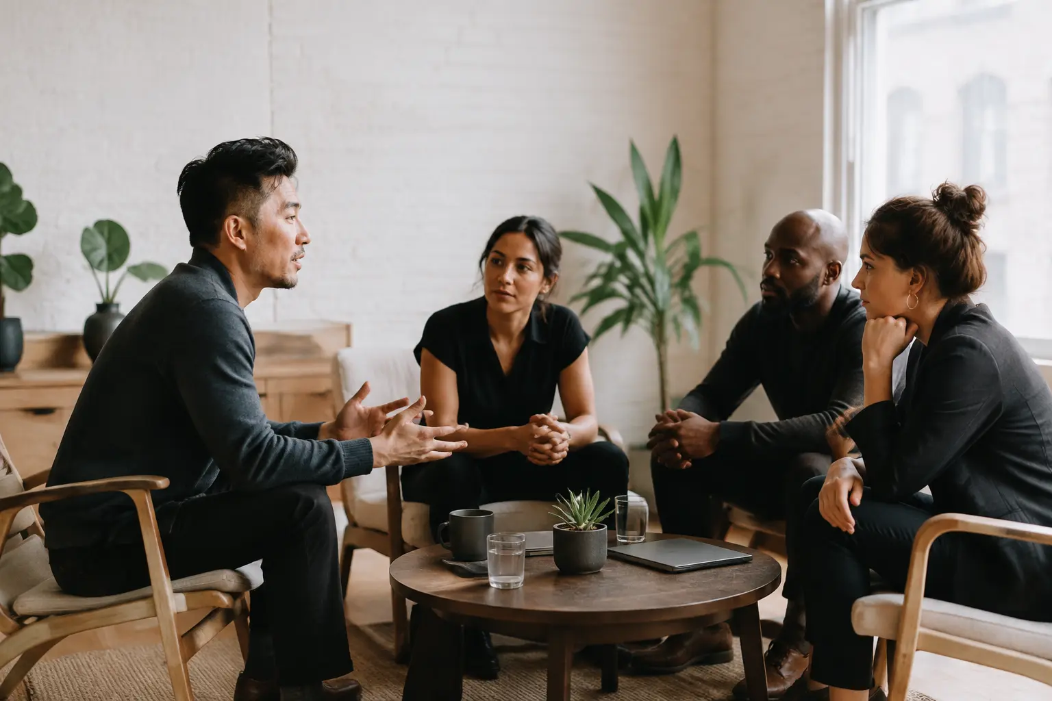 A small group discussing conversation techniques